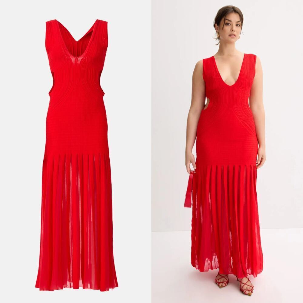 Ronny Kobo X RTR Dress Knit Side Cut Out V-Neck Pleated Hem Maxi Red Medium